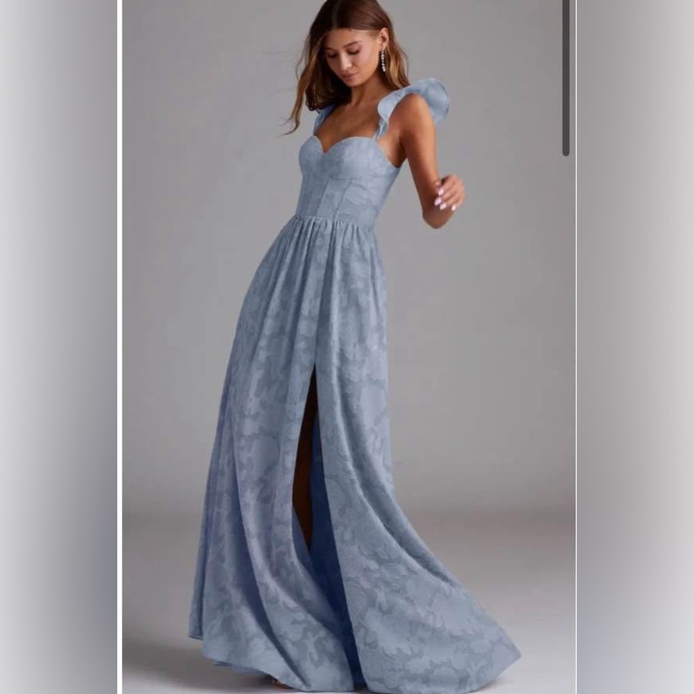 Azazie Denisse Dusty Blue A-Line Ruched Floral Burnout Dress